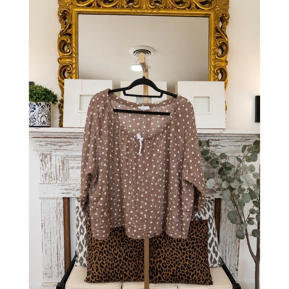 Bucketlist Polka Dot Blouse Brown White Boho Cotton Top T1370 Small